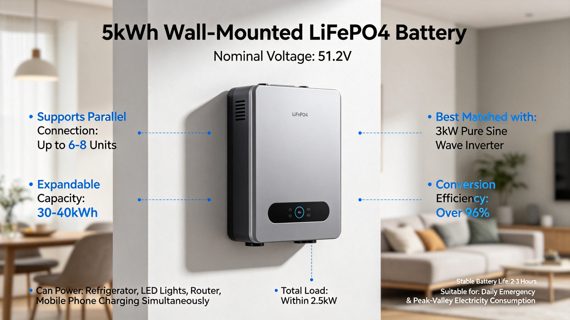 5kWh-Basic configuration of wall-mounted lithium iron phosphate batteries